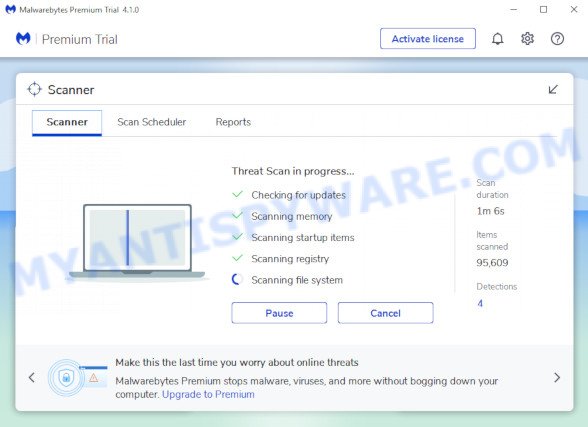 MalwareBytes Free for Windows search for adware software related to the Prudenties.space ads